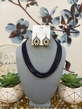 Navy Beaded Multi-Strand Necklace with Multi Blue & Gold Teardrop Earrings